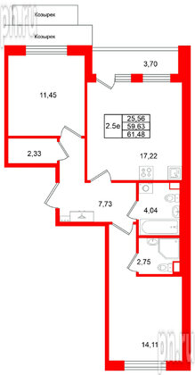 Квартира в ЖК Универ Сити, 2 комнатная, 59.63 м², 2 этаж