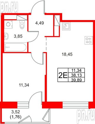 Квартира в ЖК «Юнтолово», 1 комнатная, 39.89 м², 12 этаж