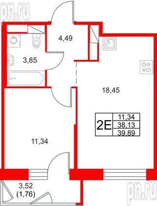 Квартира в ЖК «Юнтолово», 1 комнатная, 39.89 м², 22 этаж