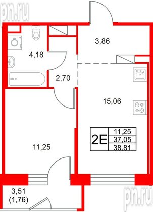 Квартира в ЖК «Юнтолово», 1 комнатная, 38.81 м², 3 этаж