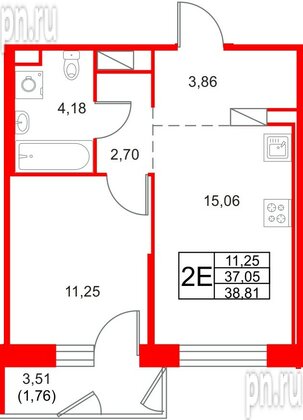 Квартира в ЖК «Юнтолово», 1 комнатная, 38.81 м², 13 этаж