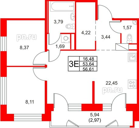 Квартира в ЖК «Юнтолово», 2 комнатная, 56.61 м², 3 этаж