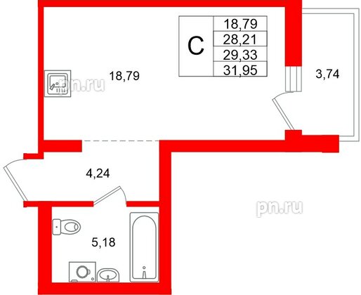 Квартира в ЖК «Брусника в Новоселье», студия, 31.95 м², 6 этаж