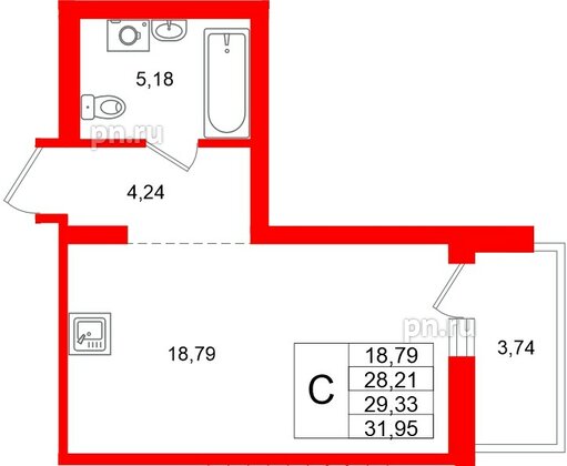 Квартира в ЖК «Брусника в Новоселье», студия, 31.95 м², 8 этаж