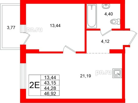 Квартира в ЖК «Брусника в Новоселье», 1 комнатная, 46.92 м², 6 этаж