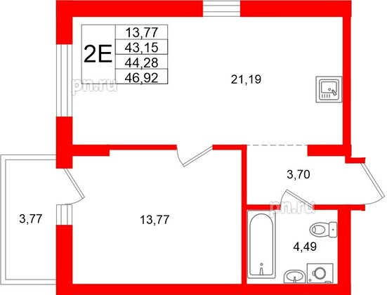 Квартира в ЖК «Брусника в Новоселье», 1 комнатная, 46.92 м², 5 этаж