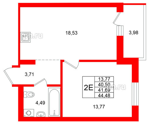 Квартира в ЖК «Брусника в Новоселье», 1 комнатная, 44.48 м², 5 этаж