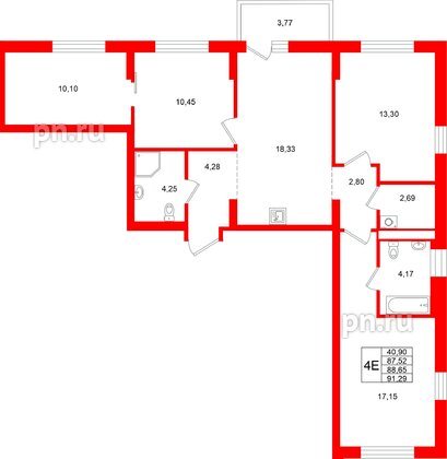 Квартира в ЖК «Брусника в Новоселье», 3 комнатная, 91.29 м², 6 этаж