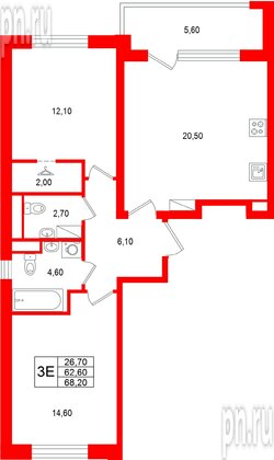Квартира в ЖК «М36», 2 комнатная, 68.2 м², 11 этаж