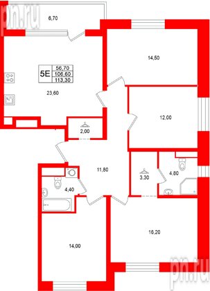 Квартира в ЖК «М36», 4 комнатная, 113.3 м², 2 этаж