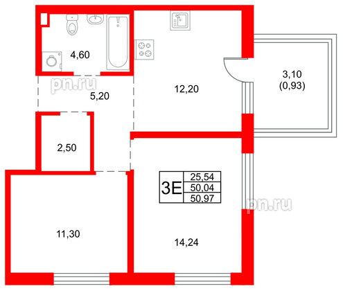 Квартира в ЖК «Плюс Пулковский», 2 комнатная, 50.97 м², 1 этаж