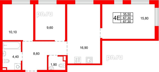 Квартира в ЖК «Плюс Пулковский», 3 комнатная, 67.3 м², 1 этаж