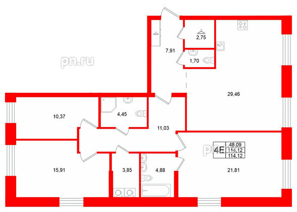 Квартира в ЖК «VI квартал», 3 комнатная, 114.12 м², 1 этаж