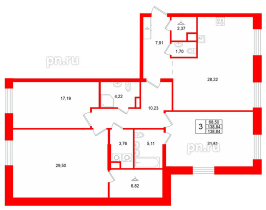 Квартира в ЖК «VI квартал», 3 комнатная, 138.84 м², 3 этаж