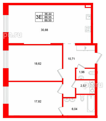 Квартира в ЖК «VI квартал», 2 комнатная, 88.55 м², 1 этаж