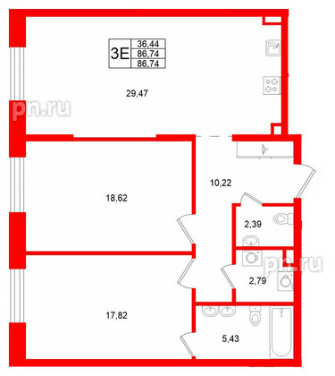 Квартира в ЖК «VI квартал», 2 комнатная, 86.74 м², 2 этаж