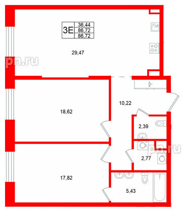 Квартира в ЖК «VI квартал», 2 комнатная, 86.72 м², 3 этаж