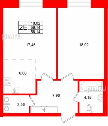 Квартира в ЖК «VI квартал», 1 комнатная, 56.5 м², 1 этаж