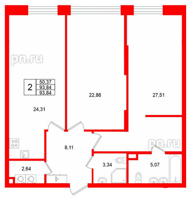 Квартира в ЖК «VI квартал», 2 комнатная, 93.84 м², 2 этаж