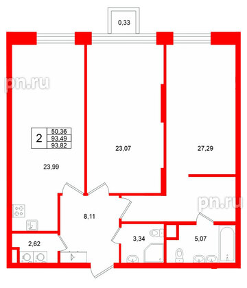 Квартира в ЖК «VI квартал», 2 комнатная, 93.82 м², 3 этаж