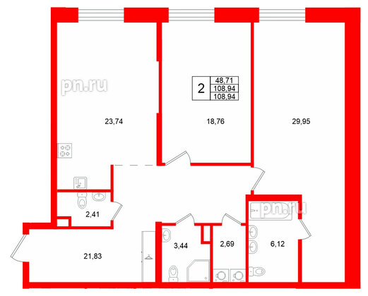 Квартира в ЖК «VI квартал», 2 комнатная, 108.94 м², 2 этаж