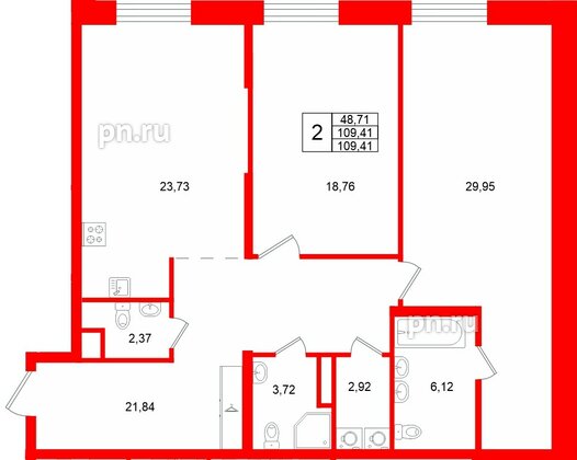 Квартира в ЖК «VI квартал», 2 комнатная, 109.41 м², 3 этаж