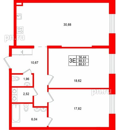 Квартира в ЖК «VI квартал», 2 комнатная, 88.51 м², 1 этаж