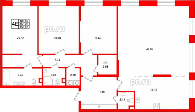 Квартира в ЖК «VI квартал», 3 комнатная, 159.26 м², 2 этаж