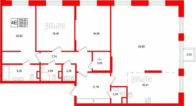 Квартира в ЖК «VI квартал», 3 комнатная, 159.37 м², 3 этаж