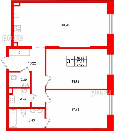 Квартира в ЖК «VI квартал», 2 комнатная, 87.69 м², 2 этаж
