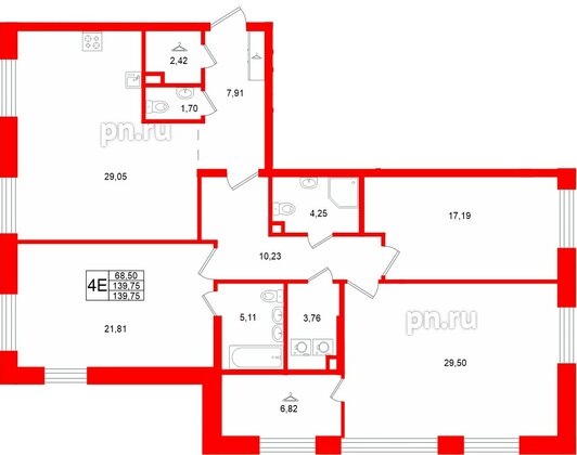 Квартира в ЖК «VI квартал», 3 комнатная, 139.75 м², 2 этаж