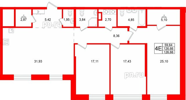 Квартира в ЖК «VI квартал», 3 комнатная, 126.66 м², 2 этаж