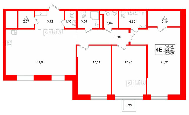 Квартира в ЖК «VI квартал», 3 комнатная, 126.6 м², 3 этаж