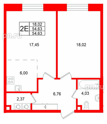 Квартира в ЖК «VI квартал», 1 комнатная, 54.63 м², 2 этаж