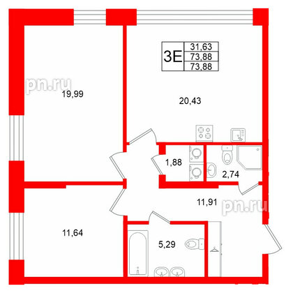 Квартира в ЖК «VI квартал», 2 комнатная, 73.88 м², 1 этаж