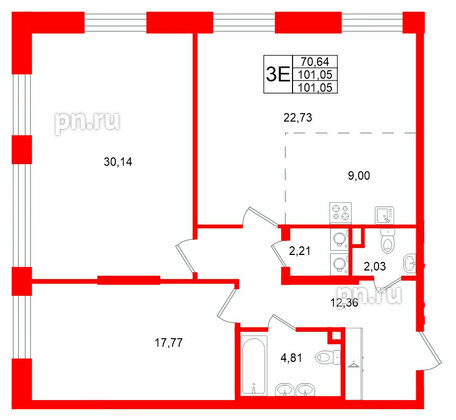 Квартира в ЖК «VI квартал», 2 комнатная, 101.05 м², 2 этаж
