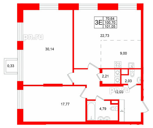 Квартира в ЖК «VI квартал», 2 комнатная, 101.03 м², 3 этаж