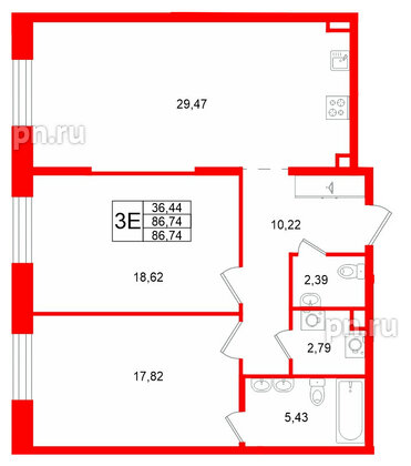 Квартира в ЖК «VI квартал», 2 комнатная, 86.74 м², 2 этаж