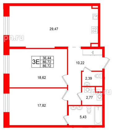 Квартира в ЖК «VI квартал», 2 комнатная, 86.72 м², 3 этаж