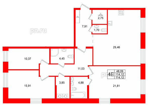 Квартира в ЖК «VI квартал», 3 комнатная, 114.12 м², 1 этаж