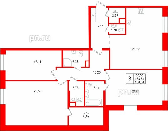 Квартира в ЖК «VI квартал», 3 комнатная, 138.84 м², 3 этаж