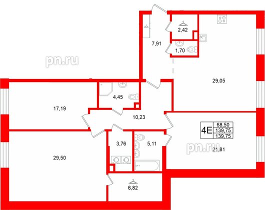 Квартира в ЖК «VI квартал», 3 комнатная, 139.75 м², 2 этаж