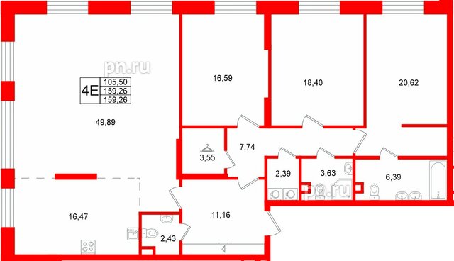 Квартира в ЖК «VI квартал», 3 комнатная, 159.26 м², 2 этаж