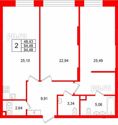 Квартира в ЖК «VI квартал», 2 комнатная, 94.48 м², 2 этаж