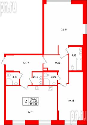 Квартира в ЖК «VI квартал», 2 комнатная, 121.82 м², 1 этаж