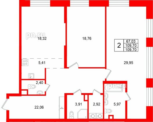 Квартира в ЖК «VI квартал», 2 комнатная, 109.7 м², 2 этаж