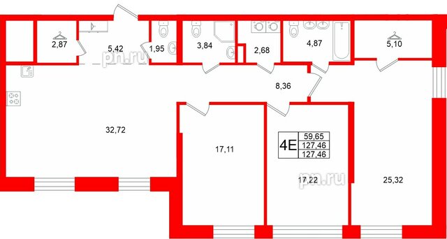 Квартира в ЖК «VI квартал», 3 комнатная, 127.46 м², 2 этаж