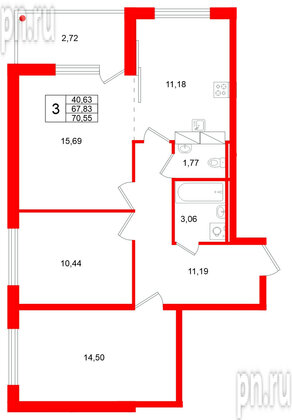 Квартира в ЖК «Финский Квартал», 3 комнатная, 70.55 м², 3 этаж