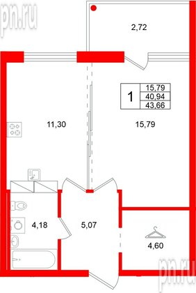 Квартира в ЖК «Финский Квартал», 1 комнатная, 43.66 м², 3 этаж