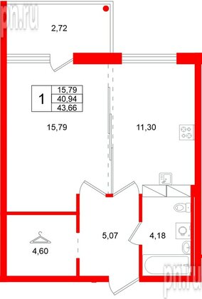 Квартира в ЖК «Финский Квартал», 1 комнатная, 43.66 м², 5 этаж